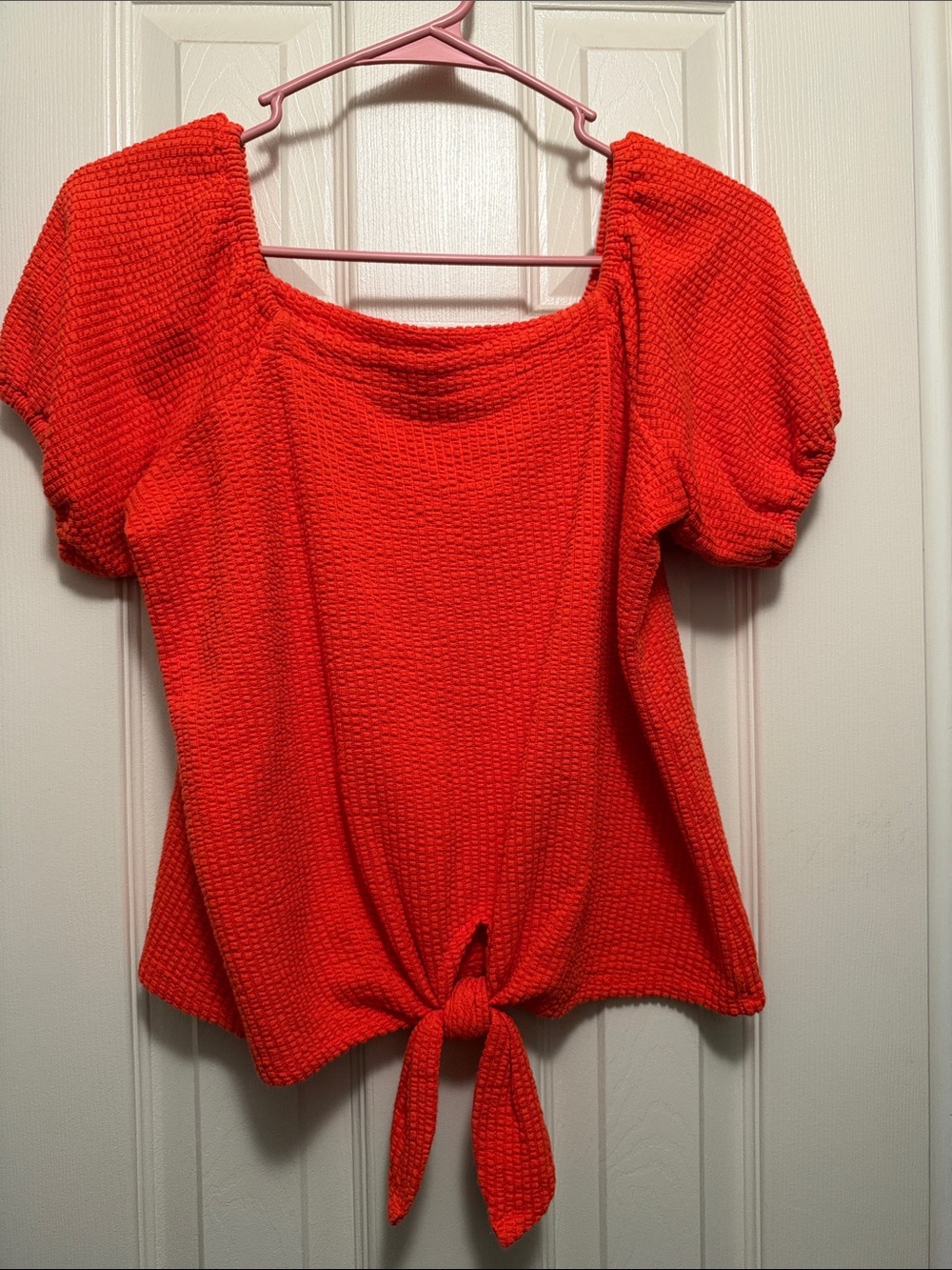 Orange Tie-Front Puff Sleeve Top - Women